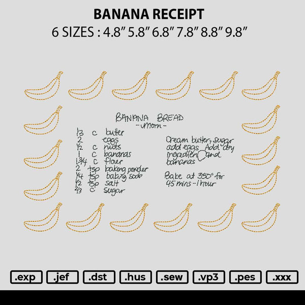 Banana Receipt Embroidery File 6 sizes