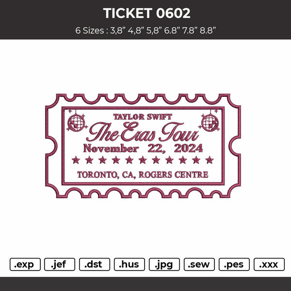 Ticket 0602 Embroidery File 6 sizes