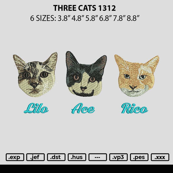 Three Cats 1312 Embroidery File 6 sizes