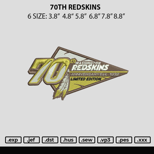 70th Redskins Embroidery File 6 sizes