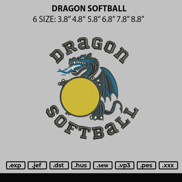 Dragon Softball Embroidery File 6 sizes