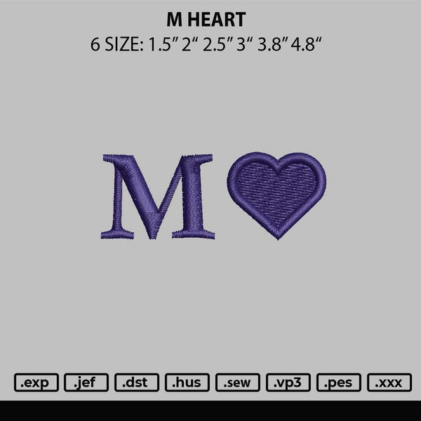 M Heart Embroidery File 6 sizes