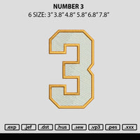 Number 3 Embroidery File 6 sizes