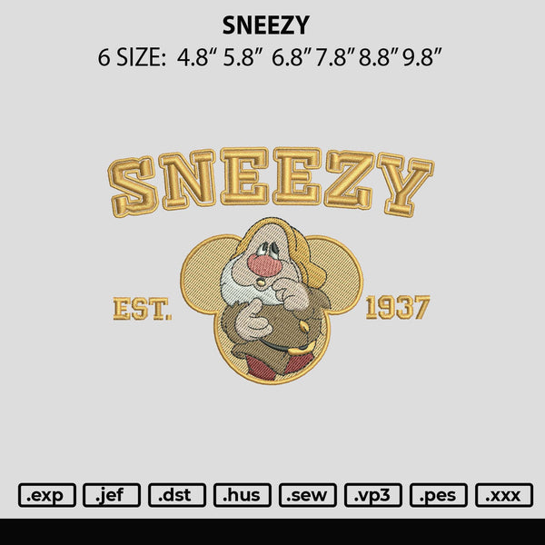 Sneezy Embroidery File 6 sizes